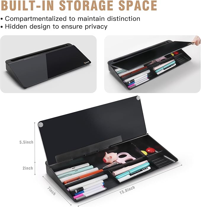 SELEAD Desktop Glass Whiteboard with Organizer, Markers, Eraser - Dry Erase Board Computer Pad Keyboard Stand with Drawer and Holder for Home, School, Office - Black