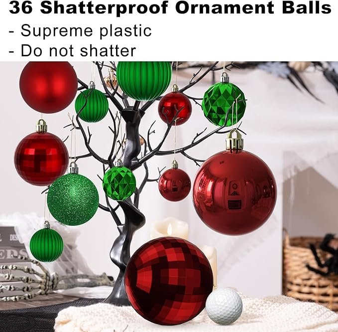 Red & Green Christmas Ornaments - Christmas Tree Decorations Shatterproof Hanging Balls for Birthday Wedding Holiday Decor Set of 36pcs, Multi-Sizes(1.6",2.5",3.2")