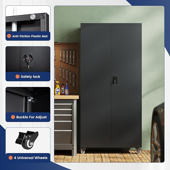 Yizosh Metal Garage Storage Cabinet with Locking Doors and Adjustable Shelves,- 75" Rolling Steel Tool Cabinet for Home Office,Garage,Warehouse