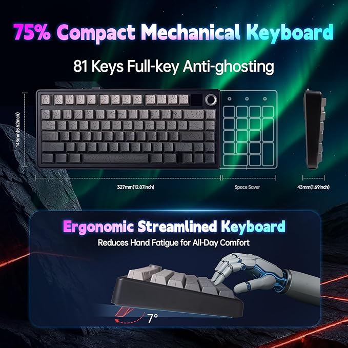 x Aula F75 MAX Wireless Gaming Keyboard w/Smart Display & Knob,75% Hot Swappable Custom Mechanical Keyboard, RGB Backlit,Pre-lubed Linear Switches,Side Printed PBT Topographic Keycaps(Grey)