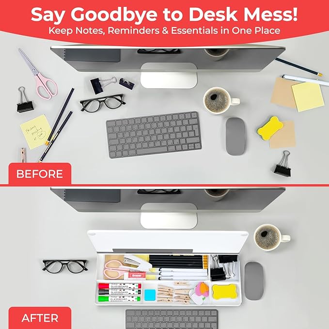 Chalkola Glass Desktop Whiteboard with Storage - Dry Erase Board, Work Desk Organizers, Computer Keyboard Stand, Home Office Desk Accessories, Small White Board, Workspace Desktop Buddy + 3 Markers