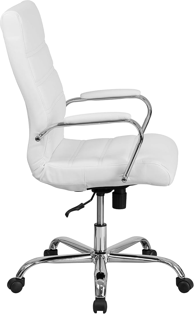 Flash Furniture Whitney High-Back Swivel LeatherSoft Desk Chair with Padded Seat and Armrests, Adjustable Height Padded Office Chair, White/Chrome