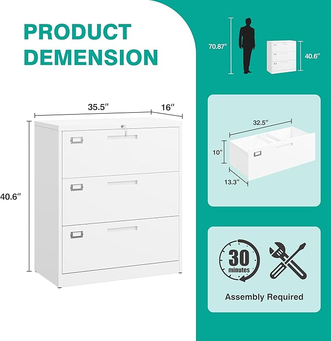 SISESOL 3 Drawer Lateral File Cabinet with Lock,White Lateral Filing Cabinet,Horizontal Metal Filing Cabinet,Locked Wide Three Drawer File Cabinet for Office Home,Fit A4/F4/Letter/Legal File