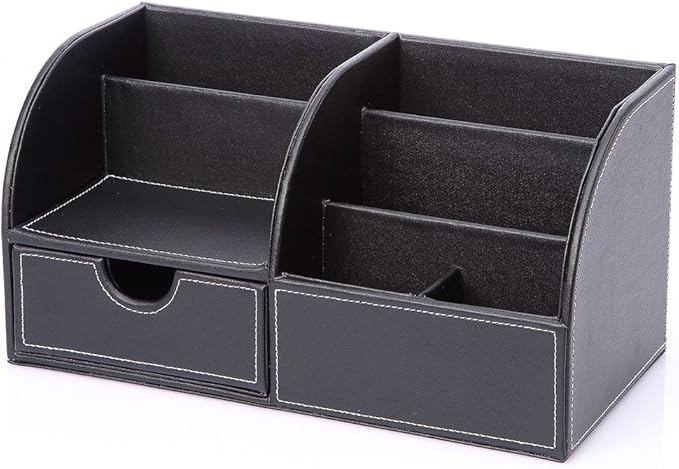 KINGFOM Pu Leather Desk Organizer Pen Pencil Holder Office Supplies Caddy Storage Box 6 Compartments with Drawer Black (Full Pu Leather)