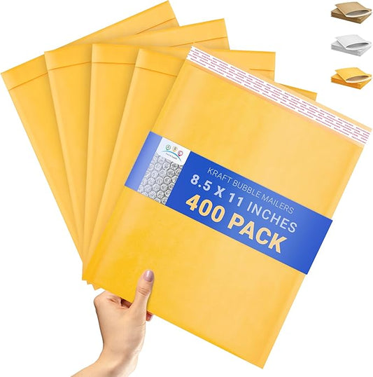 ABC PACK & SUPPLY Yellow Kraft Bubble Mailer Envelopes, 8.5 x 11 Inches. 400 Pack Mail Padded Envelopes Self Seal. Kraft Bubble Mailers. Tear-Resistant Mailing Envelope Padded. Sturdy Paper Mailer