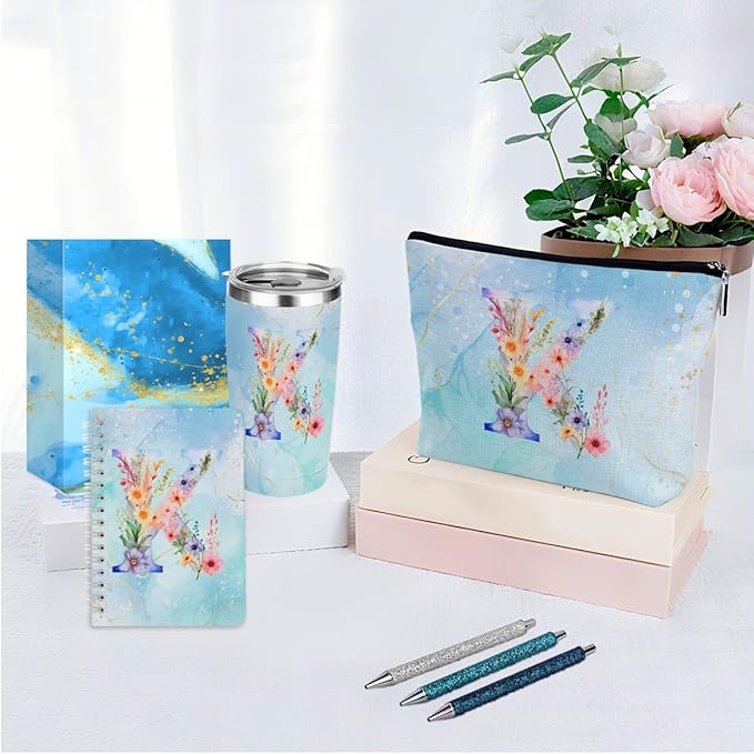 Personalized Gifts Monogrammed Birthday Gifts for Women, Soul Sister Bachelorette Party Wedding Christmas Initial 20 oz Tumbler, Makeup Bag Cup Pens Journal Notebook 6 Set, (Aesthetic Blue Flower K)