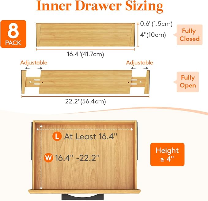 Lifewit 8 Pack Drawer Dividers Bamboo 4" High, 16-22" Adjustable Drawer Organizers for Clothes, Expandable Dresser Separators in Bedroom/Bathroom/Kitchen/Fridge/Office Organization and Storage