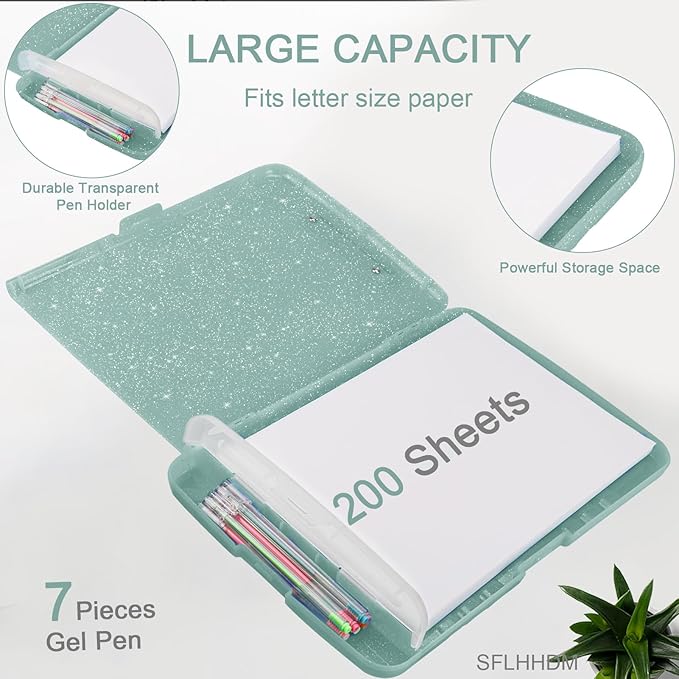 Glitter Clipboard with Storage,Storage Clipboard with Pen Holder,A4 Binder Clip Boards 8.5x11 with Low Profile Clip,Side Opening Sparkle Clipboards, Clipboards Folder for Office Supplies-Grayish Green