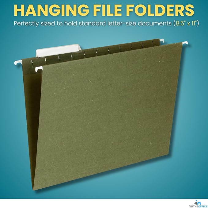 1InTheOffice Green Hanging File Folders Letter Size, Hanging Organizer File Folders, Green Hanging Folders, 1/3 Tabs, 11 pt, 50 Pack