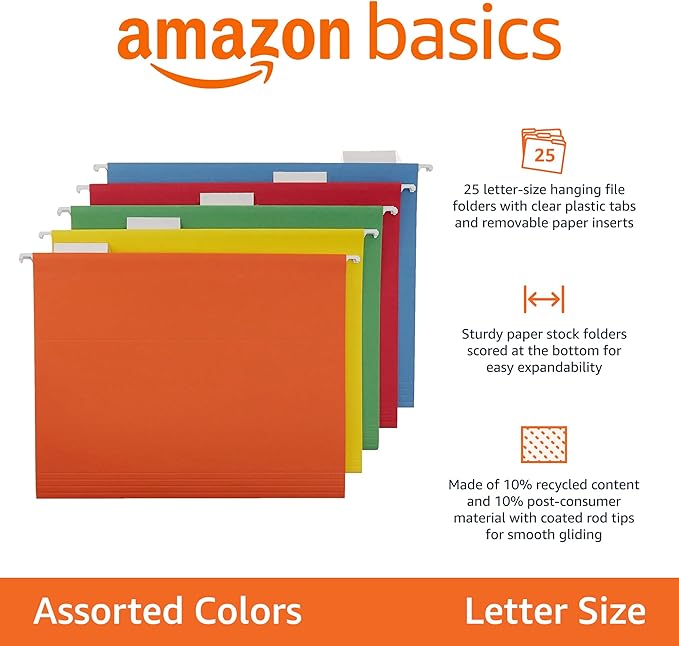 Amazon Basics Hanging Organizer File Folders for Efficient Filing, Assorted Colors, Letter Size (Pack of 25)