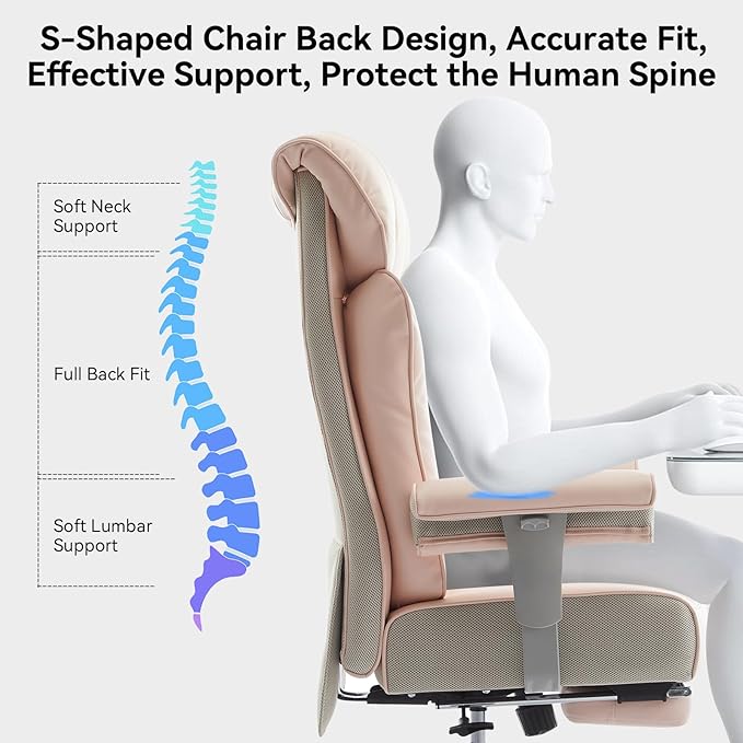 Efomao Big and Tall Ergonomic Office Chair 450LBS with Foot Rest, High Back PU Leather Executive Chair with Adjustable Padded Armrests, Lumbar Support for Home or Work, Heavy Duty Computer Chair, Pink