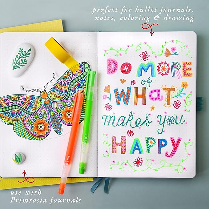 Primrosia 48 Glitter Gel Pens, inc. Metallic, Pastel & Flourescent for Adult Coloring Book & Bullet Journal Pens. No-Bleed-Through in a Variety of Shades, 7.5x More Ink Fine Point Markers Set