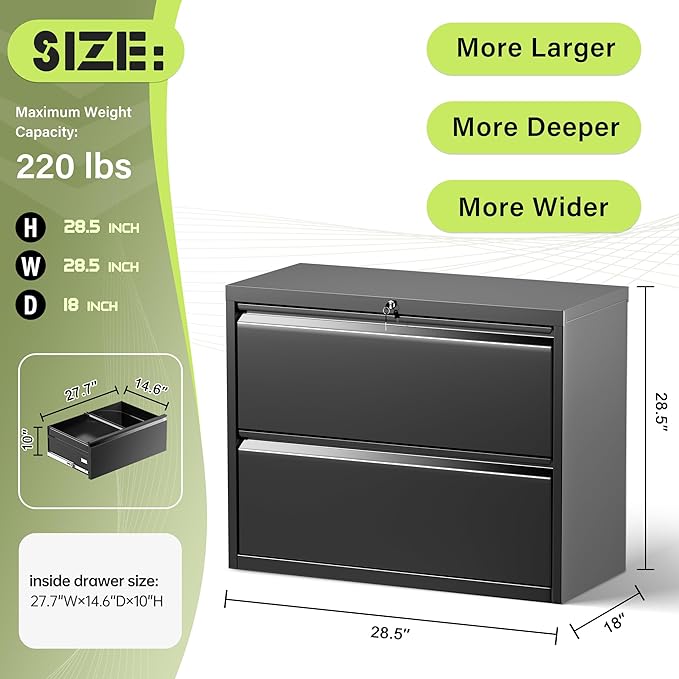 Crownland Lateral File Cabinet with 2 Drawers, 28" W Metal Lockable Office File Cabinets for Home Office- Stores Letter/Legal/A4/F4 Files(Black)