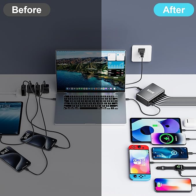 500W USB C Fast Charger Block, 8 Port USB Charging Station, GaN Ⅲ Pro Double 100W PD PPS Port Fast Charging Station for Multiple Devices,Laptop Wall Charger Compatible with MacBook/iPhone 16/iPad etc