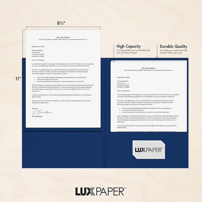 LUXPaper 9" x 12" Presentation Folders | Two Pocket | Navy Blue | 100lb. Cover | 10 Qty