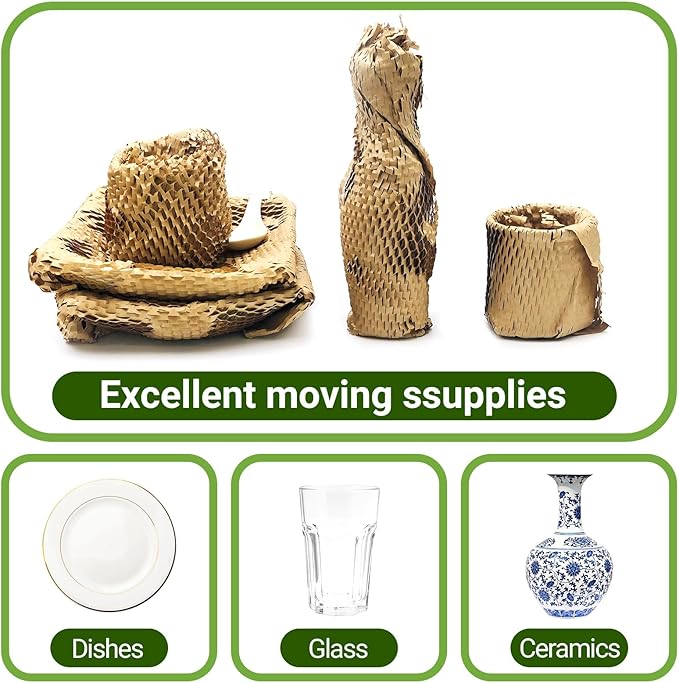 Dish Packing Kit Moving Supplies 15" x660' Honeycomb Wrapping Paper, Large Recyclable Expandable Bubble Cushion Wrap Roll Packing Material for Fragile Items Breakables Plate Glassware Bottle, 80GSM
