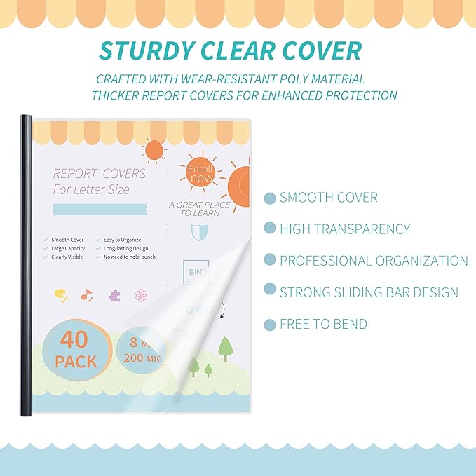 Binditek 40 Pack Heavyduty Clear Report Covers with Sliding Bars, 80 Sheet Capacity, 9mm Sliding Bar File Folder Binder, Letter Size, 8 Mil Thick, Black, for Students and Coworkers