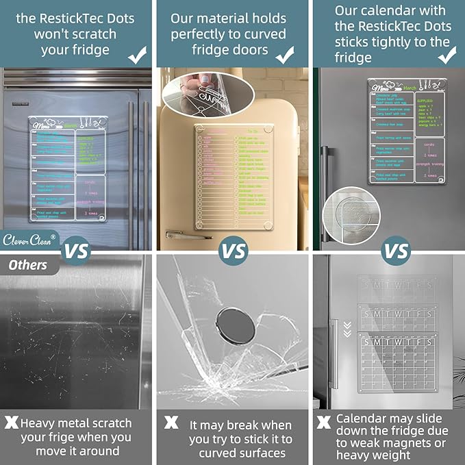 Clear Non-Magnetic Meal Planner Set for Fridge - Dry Erase Transparent Menu and List Board - Sticks to Wall, Glass, Door, Any Smooth Surfaces