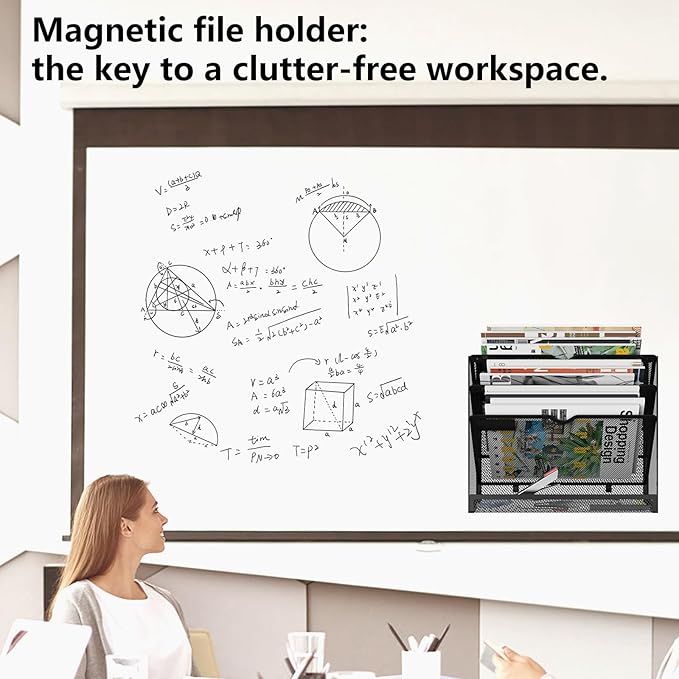 4 Tier Magnetic File Holder, Large Capacity Mesh Hanging Wall Organizer Vertical Magnetic Hanging File Organizer, Magnetic File Folder Holder for File Cabinets, Office, Whiteboard (Black)