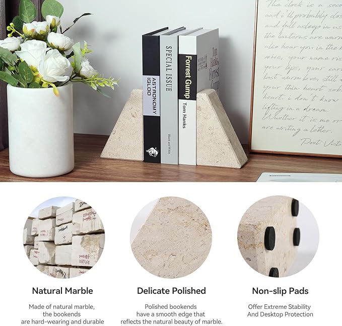 Marble Bookends for Heavy Books, Decorative Book Ends for Shelves, Beige Stone Durable and Heavy-Duty Book Ends for Hardback Books & CDS, Unique Book Stopper & Holder, Set of 2
