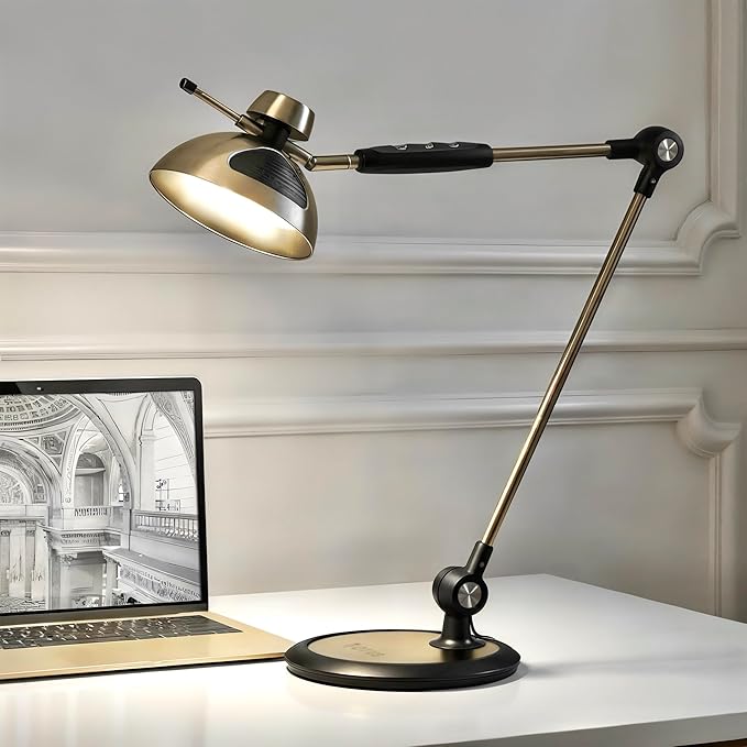 OTUS Desk Lamp for Home Office | Tall LED Architect Desk Light with Gesture Control & Touch | 1500 Lux Eye-Caring Dimmable for Study, Reading, Video Calls | 12 Levels & 3 Colors | Brass Swing Arm Lamp