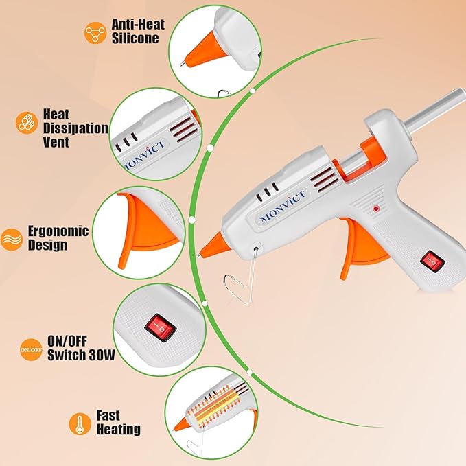 MONVICT Hot Glue Gun Kit, Mini Glue Gun with Carrying Case,20 Pcs Premium Glue Sticks, 10 Pcs Wood Craft sticks, Fast Preheating Hot Melt Glue Gun for School Crafts DIY Arts Gift (White, 30Watts)