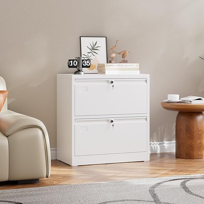 Aobabo 2 Drawer Wide Lateral File Cabinet, Metal Filing Cabinet with Lock, Suitable for Home Office School Hanging Files Letter/Legal/F4/A4 Size,White,Required-Assembly,15.87" D x 28.94" W x 30.24" H