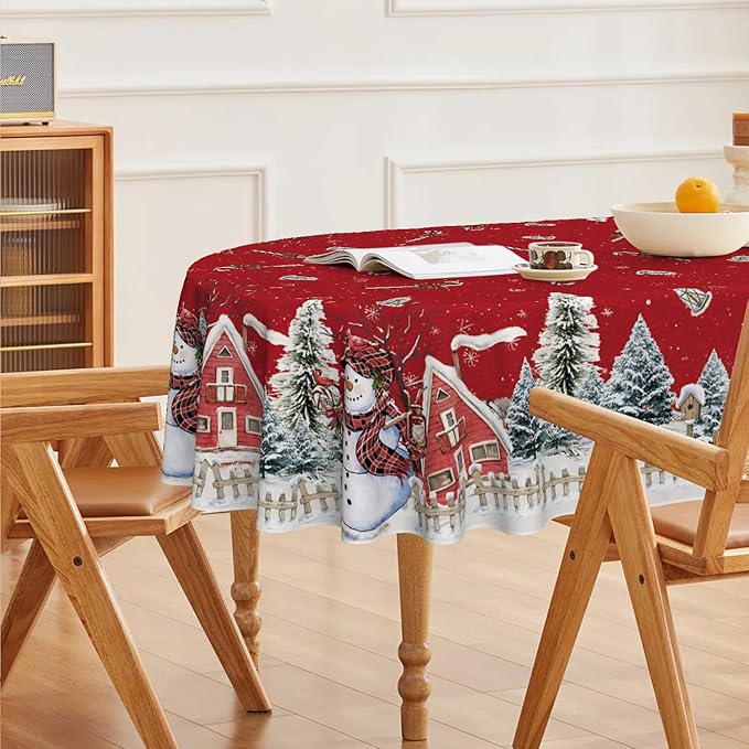 Horaldaily Christmas Tablecloth 60×84 Inch Oval, Winter Snowman House Christmas Trees Red Washable Table Cover for Party Picnic Dinner Decor