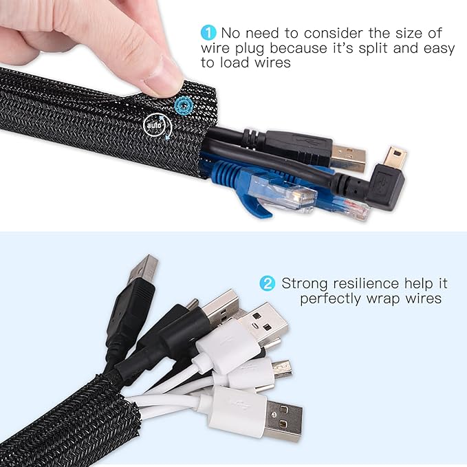 AGPTEK Cable Sleeve Cover, 25ft - 4/5 inch Desk Cord Organizer Cable Hider, Home Office Wire Management Computer TV Wire Loom Tubing, Pet Proof Cord Protector, from Cat Dog Chewing, Black