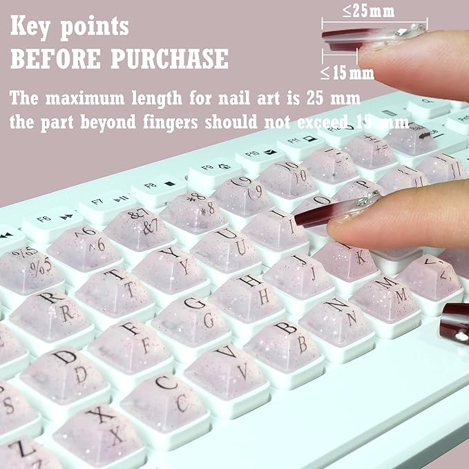 80 Pcs PC Keyboard Stickers for Long Nails Typing and Gaming, Anti-Damage Symbolic and Alphanumeric Keys for Nail-Art (Sparkly Pink)