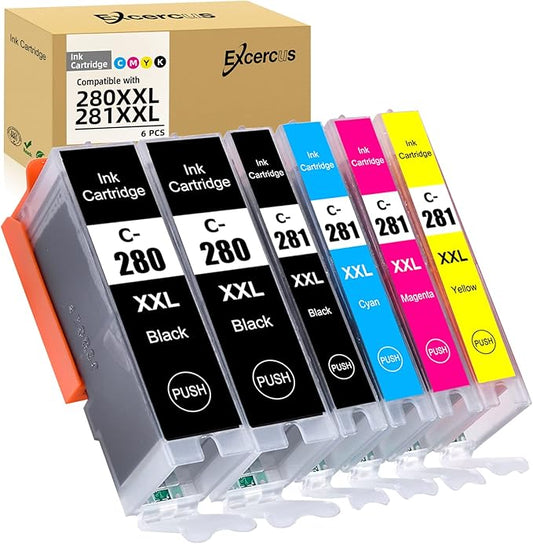 Compatible Ink Cartridge Replacement for Canon PGI-280 XXL CLI 281 Compatible with Canon Pixma TR7520 TR8520 TS6120 TS6220 TS6320 TS8120 TS8220 TS9120 TS9520 TS9521C (2PGBK & BK/C/M/Y 6 PK)