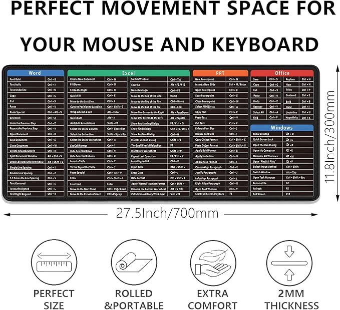 Large Extended Gaming Mouse Pad with Word Excel Office Software Excel Shortcuts PPT Windows,Stitched Edges Non-Slip Waterproof Rubber Base Mouse Pad for Office Desk Pad(27.5X11.8 in)