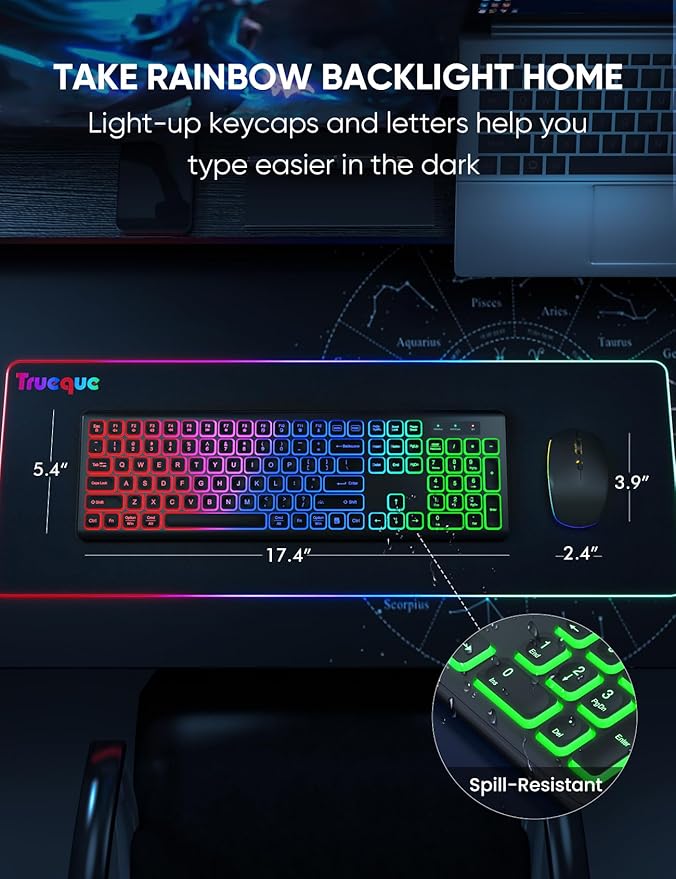 Wireless Keyboard and Mouse Combo - RGB Backlit, Rechargeable & Light Up Letters, Full-Size, Ergonomic Tilt Angle, Sleep Mode, 2.4GHz Quiet Keyboard Mouse for Mac, Windows, Laptop, PC