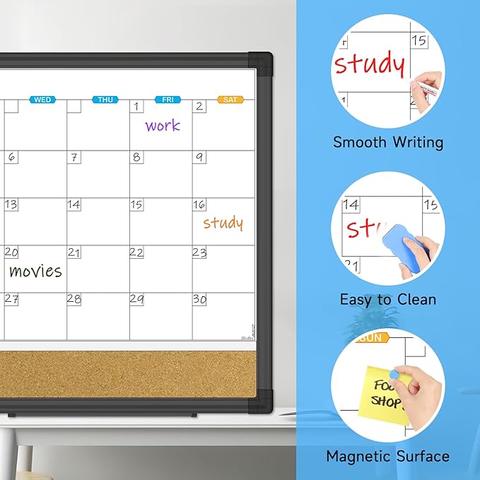 JILoffice Magnetic Calendar Whiteboard & Bulletin Corkboard Combination, Monthly Combo Board 17 x 13 Inch, Black Aluminum Frame Wall Mounted Board for Office Home and School