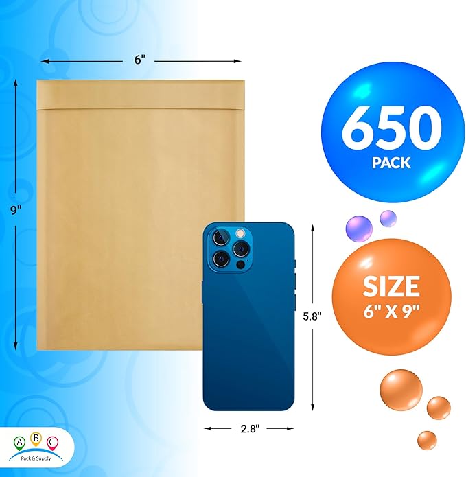 ABC PACK & SUPPLY Brown Kraft Bubble Mailer Envelopes, 6 x 9 Inches. 650 Pack Mail Padded Envelopes Self Seal. Kraft Bubble Mailers. Tear-Resistant Mailing Envelope Padded. Sturdy Paper Mailer