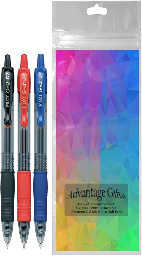 G2 Retractable Premium Gel Ink Roller Ball Pens Fine Point Fine Point (.7mm) Black/Blue/Red Ink 3-pk; Refillable & Premium Comfort Grip Bundle with Plastic Reusable Pouch