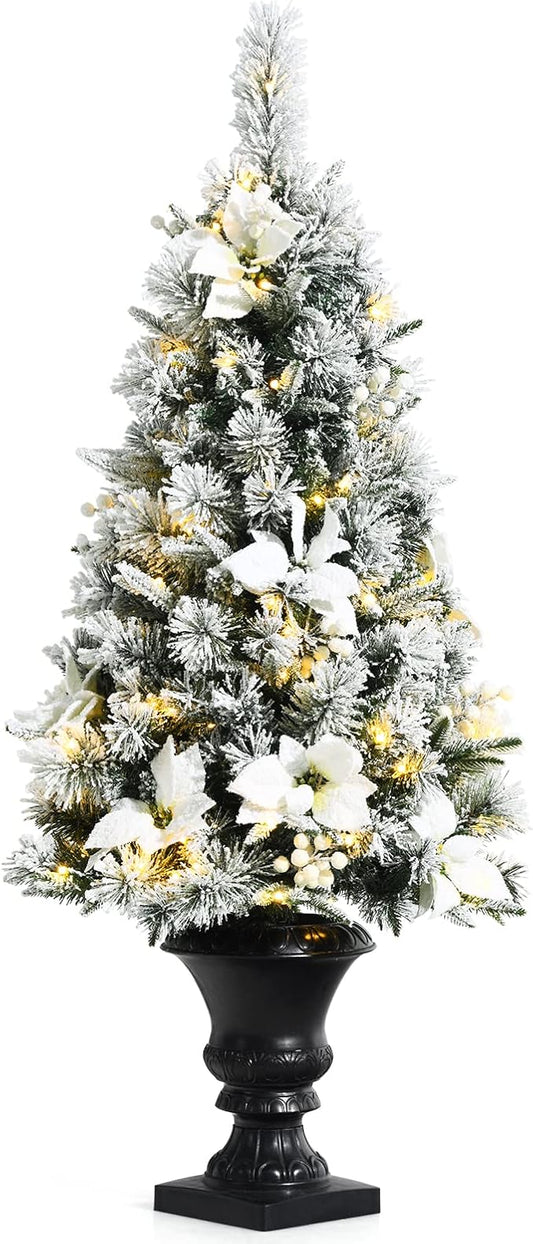 Happygrill 4ft Artificial Christmas Tree Pre-lit Entrance Xmas Tree with 100 LED Lights, Snow Flocked Potted Tree with Flowers & White Berries