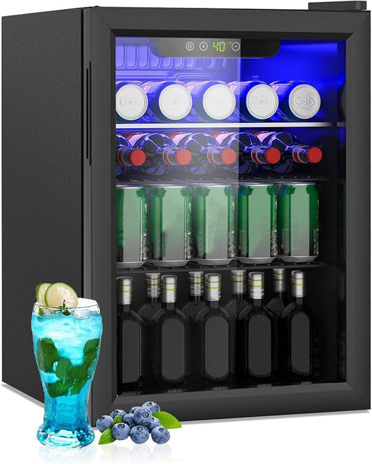 Compact Beverage Refrigerator, 95 Can/2.6 Cubic Feet Fridge with Glass Front Door for Soda, Beer or Wine, Under Counter Small Refrigerator with Adjustable Shelve & Digital Display(Black)