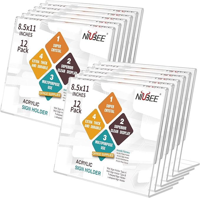 NIUBEE Acrylic Sign Holder 8.5x11 Inches 12 Pack Horizontal, Slant Back Clear Frames, Plastic Paper Flyer Display Holder, Document Menu Table Stand for Office, Store, Restaurant -Landscape