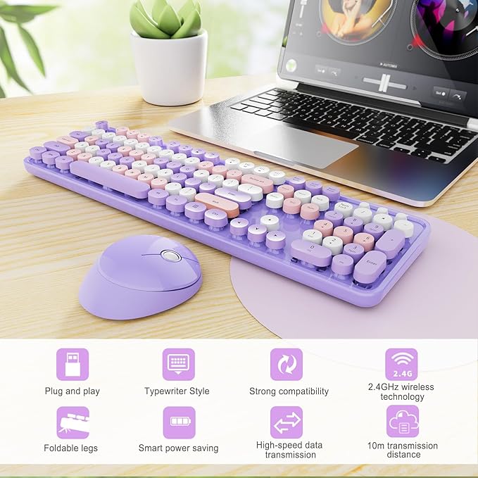 Wireless Keyboard and Mouse Combo, Ergonomic Full Size Typewriter Retro Round Keycaps Keyboard, Compatible with Windows, PC, Perfer for Home and Office Keyboards (Purple