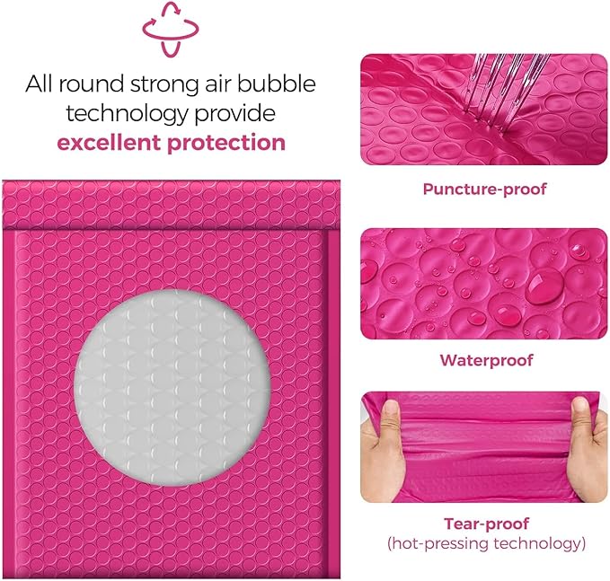 Fuxury Bubble Mailer 8.5x12 Inch 250 Pack Self-Seal Adhesive Padded Envelopes Bulk, Water Resistant Padded Mailers for Mailing,Packaging,Small Business,Shipping, Hot Pink #2