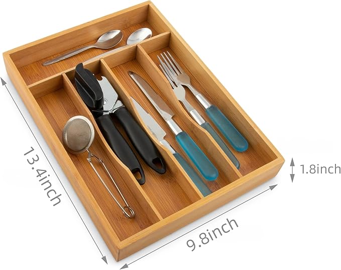 Bamboo Drawer Organizer - Kitchen Utensil Holder, 5 Slots Silverware Drawer Organization, Kitchen Wooden Tray for Cutlery, Flatware & Stationery - Natural