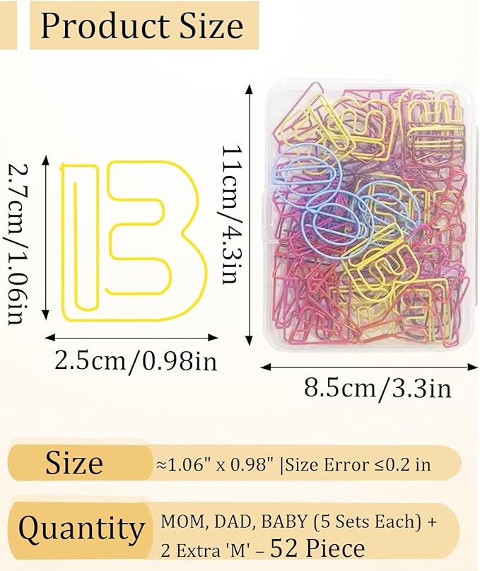 52 Pcs Stainless Steel Paper Clips - Alphabet Letter Clips for Office & School with Storage Box Assorted Color (Family Series)