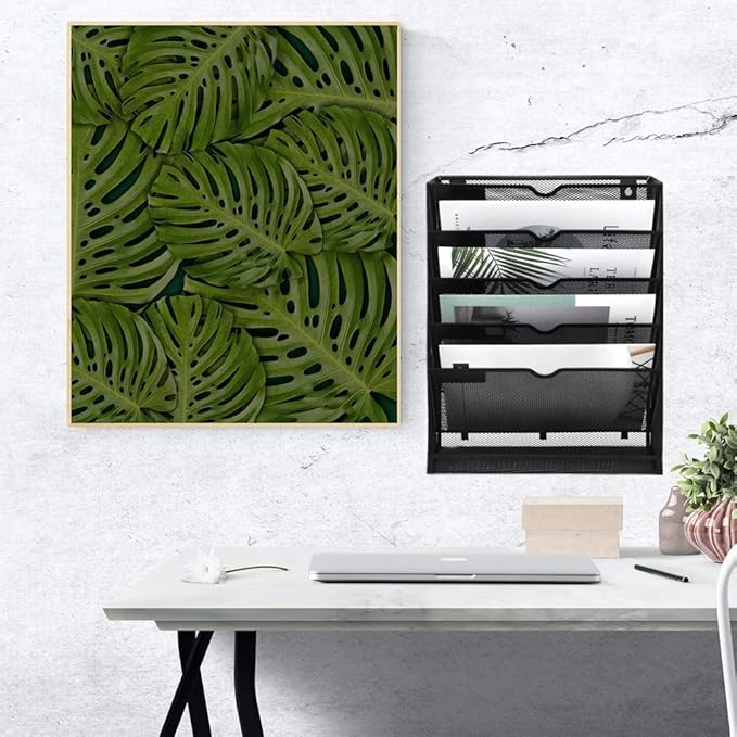 EASEPRES Desk File Organizer Mesh 6-Tier, Hanging Wall Mount Document Organization Stand, Desktop Vertical Mail Paper Folder Holder Rack with Bottom Tray for Office Home Cubicle, Sides Closed, Black