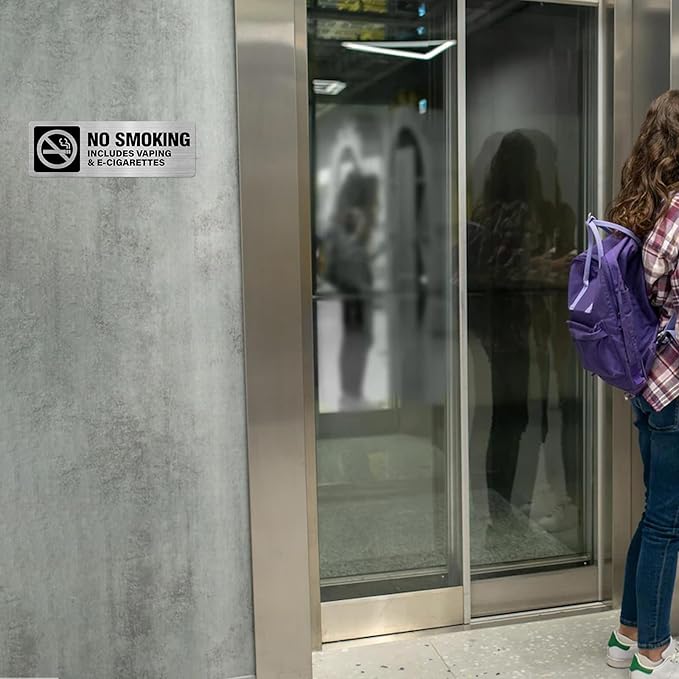 No Smoking No Vaping E-Cigarettes Sign Aluminum Silver 9 x 3 Inches Self-Adhesive Waterproof Metal Door Wall Sign for Business Houses 4 Pack