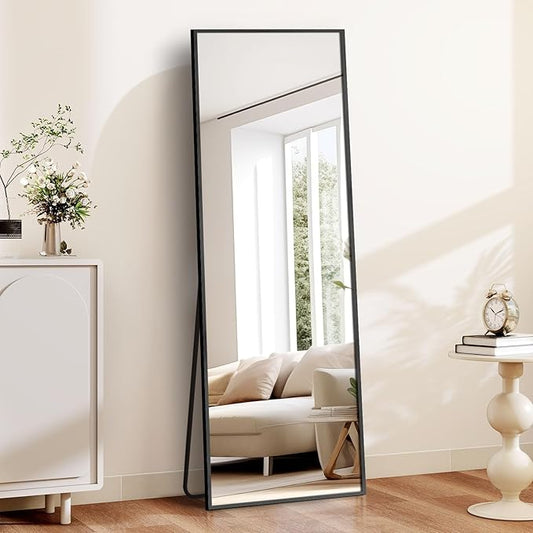 Arched Full Length Mirror, 57" x 20" Floor Mirror with Stand – Shatterproof Tempered Glass, Modern Aluminum Frame, Multi-Mount for Bedroom, Living Room, Gym, Black