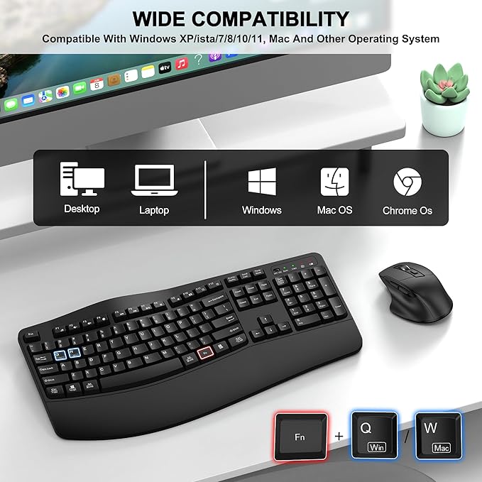 Wireless Keyboard and Mouse Combo, 2.4G Full Size Wave Keys Ergonomic Keyboard with Wrist Rest and 3-Level DPI Adjustable Wireless Ergonomic Mouse for Windows, Mac OS Desktop/Laptop/PC(Black)