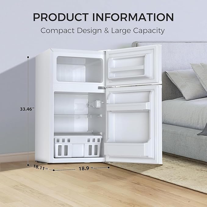 Kismile Mini Fridge with Freezer,3.2 Cu.Ft Compact Mini Refrigerator with Double 2 Door,Adjustable Temperature,Full Size for Home,Kitchen,Dorm,Apartment,Retro White