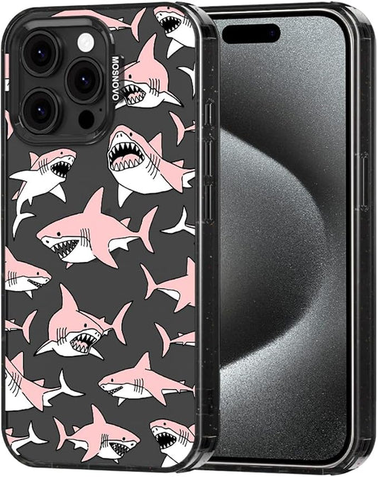MOSNOVO Case for iPhone 15 Pro Max, [10ft 4X Military-Grade Drop Protection] Durable & Shockproof Phone Case Cover Design for iPhone 15 Pro Max - Pink Sharks - Clear Black
