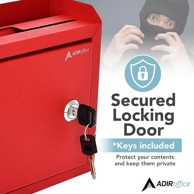 Adir Suggestion Box with Lock and Slot, Wall Mount Deposit Box for Payment and Checks, Office Mail Box for Employees, Money Drop Box with Keys, Drop Safe Box - 9.75x7x3 Inch Red